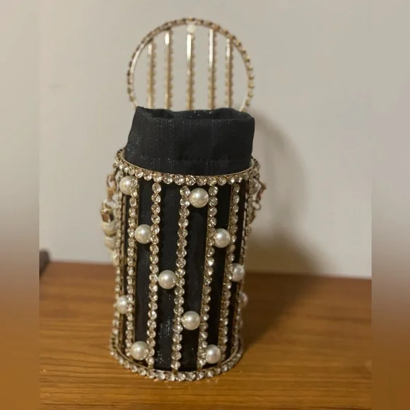 Metallic Cage Evening Bag with Pearls & Rhinestones Bucket Clutch Purse - Picture 3 of 14